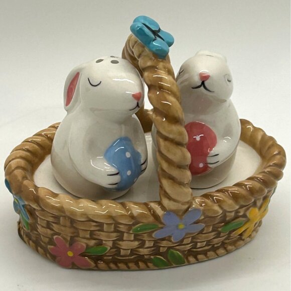 Blue Sky Bunny Salt & Pepper Shakers In Basket With Floral & Blue Butterfly - Picture 2 of 14